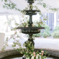 Green, white, and pink flowers coming out of a waterfall